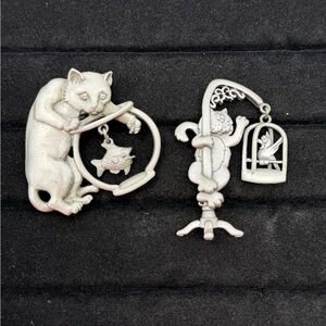 Two Vintage Signed  JJ Jonette Jewelry Cat and Bird Fish Pin Brooch Silver Tone